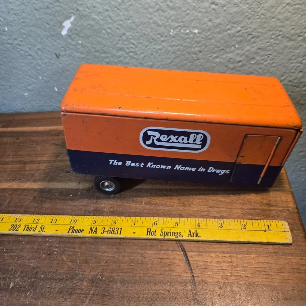 vtg 50s Pressed Tin Litho Rexall Truck Toy Trailer drug store advertising read